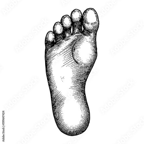 Human Foot Print Detailed Black and White Outline Line Art Drawing with Engraving Style
