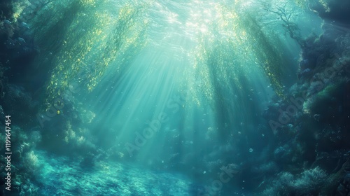 ethereal underwater scene with towering kelp forests swaying in crystal-clear waters, streaming sunbeams creating dramatic light rays through azure depths