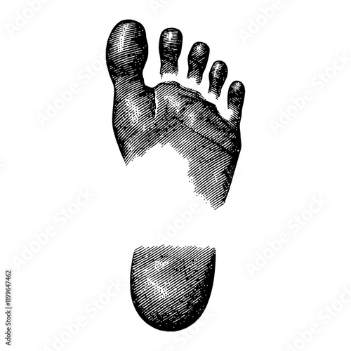 Footprint Detailed Black and White Outline Line Art Drawing with Engraved Style Isolated on White