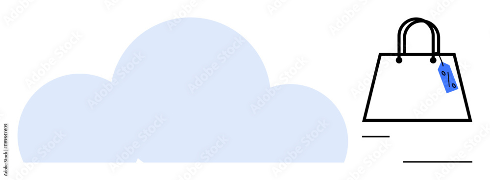 Cloud with large computing symbols, shopping bag with discount tag. Ideal for e-commerce, cloud storage, internet deals, online retail, digital economics, cloud services discounts. Abstract line