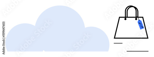 Cloud with large computing symbols, shopping bag with discount tag. Ideal for e-commerce, cloud storage, internet deals, online retail, digital economics, cloud services discounts. Abstract line