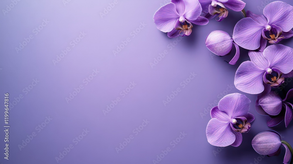 Fototapeta premium Purple orchids elegantly arranged against a delicate background offer ample space for text and are ideal for design