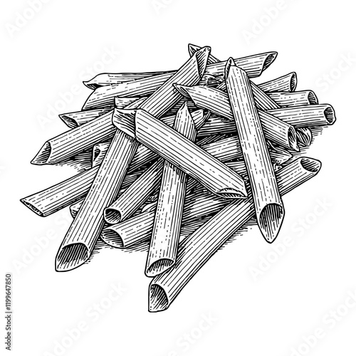 Pile of Penne Rigate Pasta Black and White Outline Line Art Drawing with Detailed Engraving