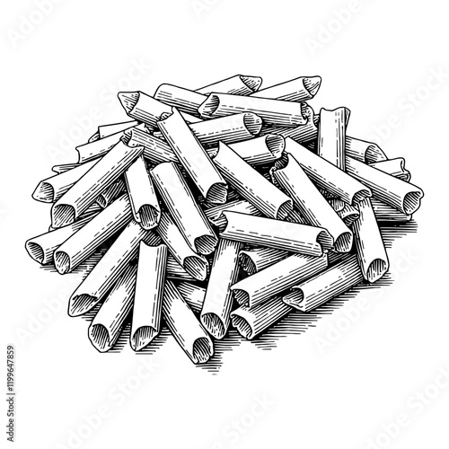 Pile of Penne Rigate Pasta in Detailed Black and White Outline Line Art Drawing Isolated