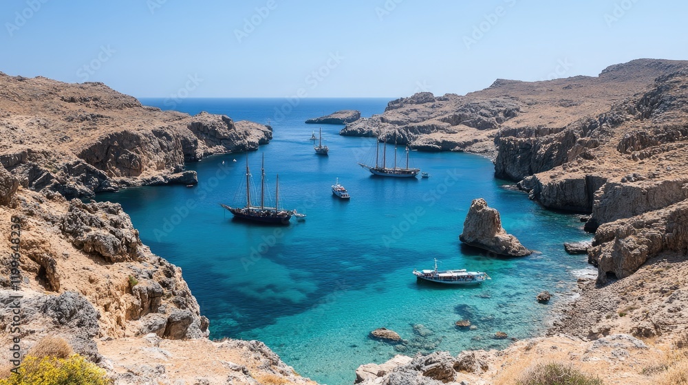 Sailboats Anchored in a Secluded Turquoise Bay Sailboats Anchored in a Secluded Turquoise Bay