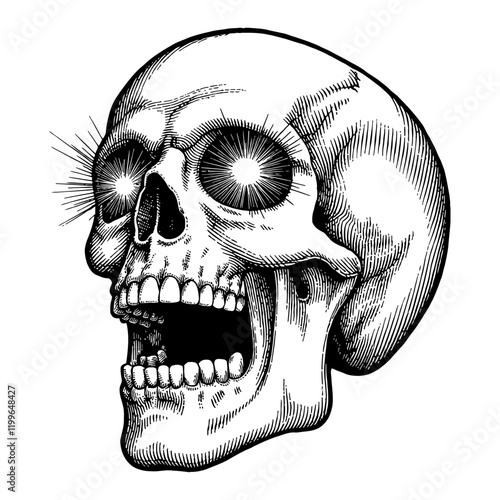 Skull Head with Shining Eyes Screaming Detailed Black and White Outline Line Art Drawing