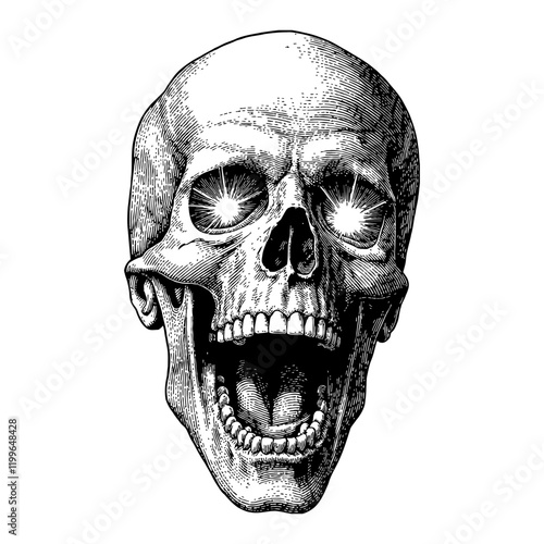 Screaming Skull Head with Shining Eyes Detailed Black and White Outline Line Art Drawing