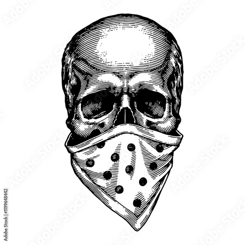 Skull with Bandana Mask in Detailed Black and White Outline Line Art Drawing Graphic Design
