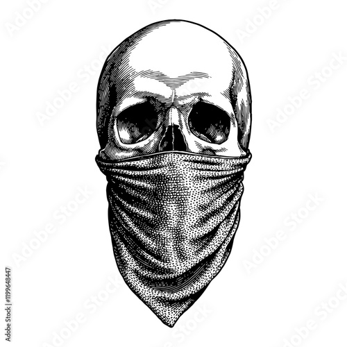 Skull Wearing Bandana Detailed Black and White Outline Line Art Drawing Isolated on White