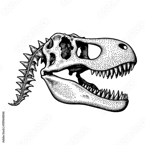 Side View of T Rex Dinosaur Skull in Detailed Black and White Outline Line Art Drawing