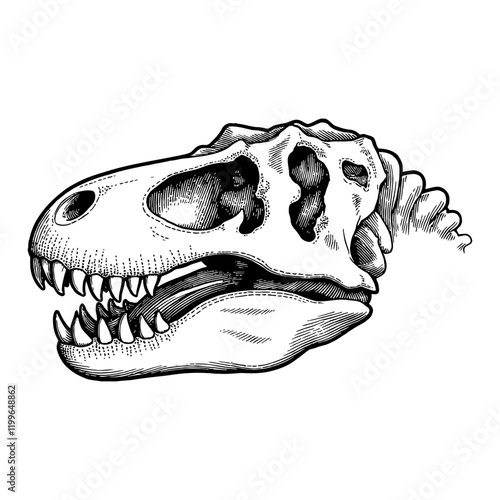 T Rex Dinosaur Skull Head with Teeth Side View Black and White Outline Line Art Drawing