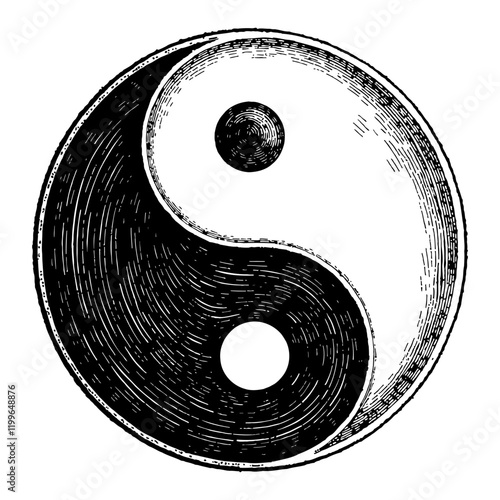 Yin Yang Symbol in Detailed Circle Form Black and White Outline Line Art Drawing