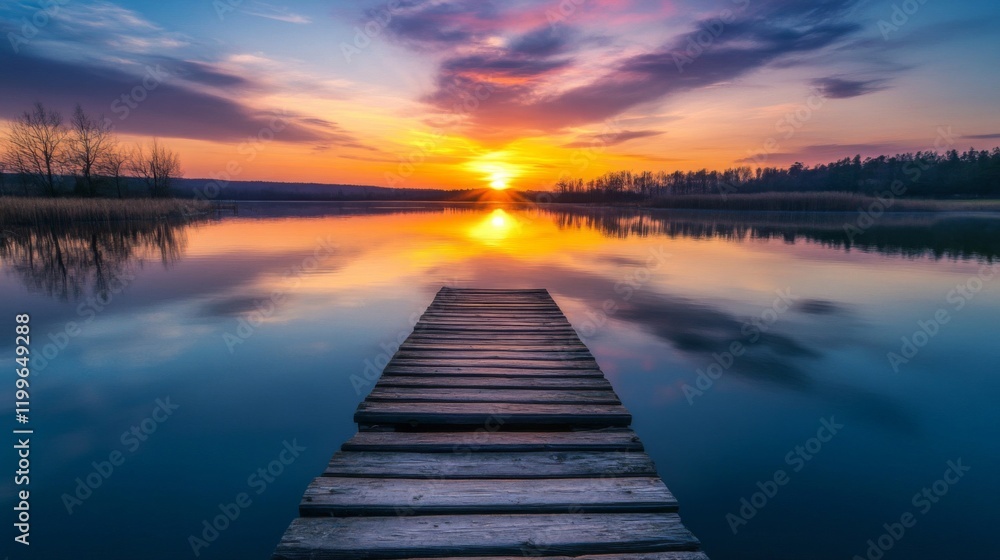 Fototapeta premium Sunset over a still lake with a wooden pier