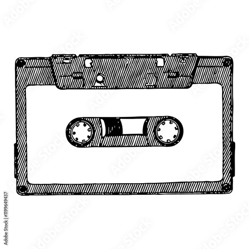Cassette Tape with Blank Label in Detailed Black and White Outline Line Art Drawing