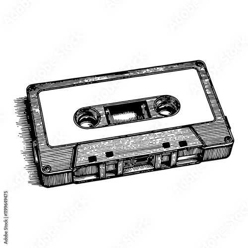 Cassette Tape with Blank Label Detailed Black and White Outline Line Art Drawing