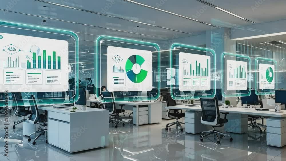 Data-Driven Decisions: A modern office setting with sleek workstations, illuminated by holographic projections of charts and graphs, showcasing the power of data visualization in business. Data-Driven Decisions: A modern office setting with sleek workstations, illuminated by holographic projections of charts and graphs, showcasing the power of data visualization in business.