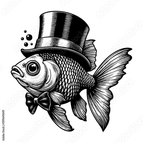 gold fish wear top hat sketch engraving black and white outline. Scratch board imitation.  illustrated in vintage line art style on a white background.
