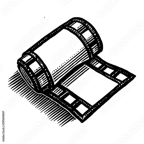 Film Roll in Isometric View Black and White Outline Line Art Drawing Engraved Detail