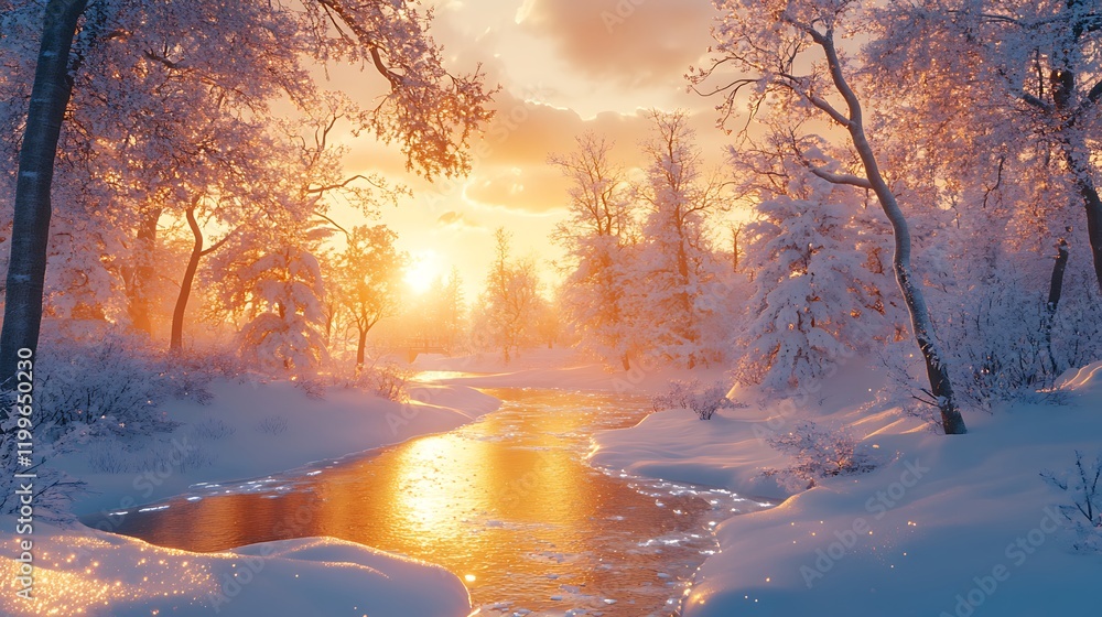 Naklejka premium Winter sunset reflection over a frozen stream serene nature landscape