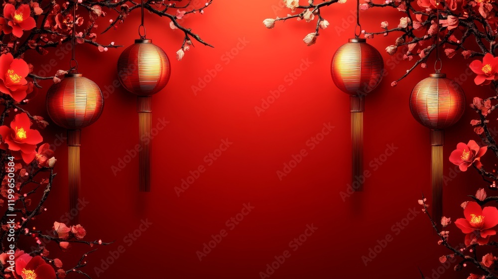 Chinese New Years, A red background with four red lanterns hanging from the ceiling Chinese New Years, A red background with four red lanterns hanging from the ceiling