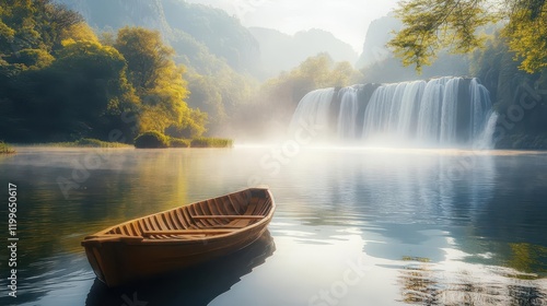 serene landscape of wooden rowboat drifting on mirror-like mountain lake, majestic waterfalls cascading in background, morning mist, golden hour lighting, panoramic nature photography