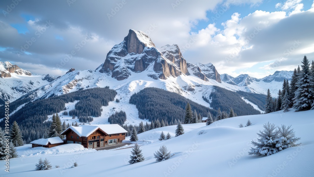 A serene scene of snow-draped mountains and a cozy brown cabin nestled among frosted pines. Golden light bathes the landscape, enhancing its tranquil beauty A serene scene of snow-draped mountains and a cozy brown cabin nestled among frosted pines. Golden light bathes the landscape, enhancing its tranquil beauty