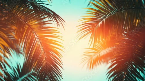 tropical sunrise through palm fronds, golden hour lighting creating dramatic silhouettes, lens flare effects, vibrant turquoise and amber gradient sky