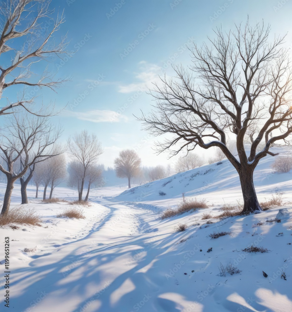 A winter landscape with bare tree branches and snow-covered ground beneath the pale blue sky, snow-covered ground, snowy landscape, winter landscape A winter landscape with bare tree branches and snow-covered ground beneath the pale blue sky, snow-covered ground, snowy landscape, winter landscape