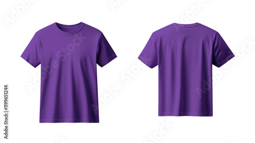 A plain purple colored t-shirt displayed front side and back side Mockup Template isolated on a transparent background