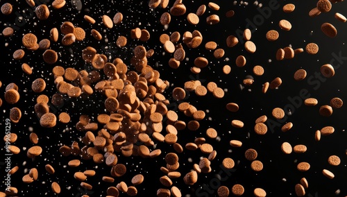 Brown round treats exploding against black background. photo