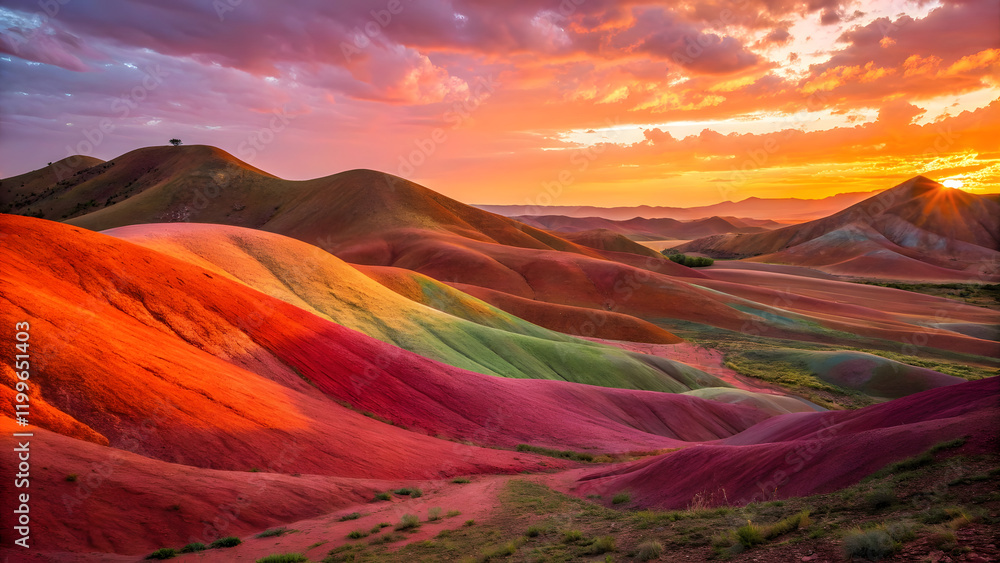 Naklejka premium colorful textures forming a surreal landscape with rolling hills of bright orange, magenta, and emerald green blending seamlessly into a radiant sunset sky
