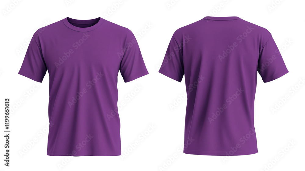 A plain purple colored t-shirt displayed front side and back side Mockup Template isolated on a transparent background A plain purple colored t-shirt displayed front side and back side Mockup Template isolated on a transparent background