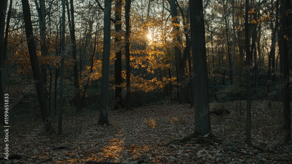 Fototapeta premium Autumn Sunset Illuminates Forest Trees With Golden Leaves