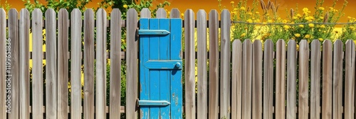 A wooden fence with a rustically painted blue door standing against it, set in front of a sunny yellow-painted garden, wooden fence, country house photo