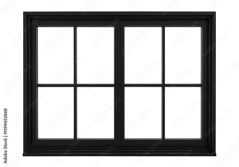 Sleek black window frame with cross design isolated on transparent background with clipping path cut-out Sleek black window frame with cross design isolated on transparent background with clipping path cut-out