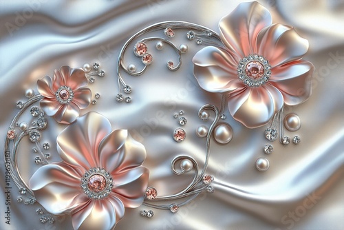 3D wallpaper with silver swirls and pink pearls