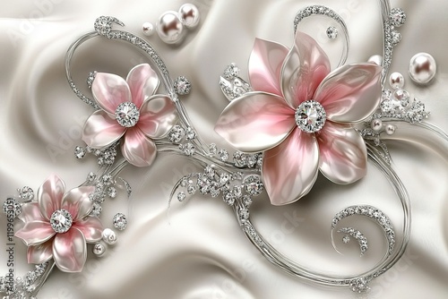 3D wallpaper with silver swirls and pink pearls