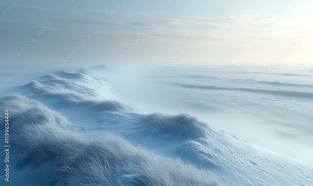 Snowy landscape, frosted grass, misty horizon. Snowy landscape, frosted grass, misty horizon.