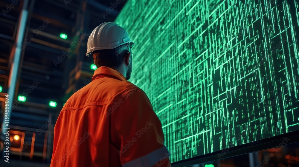 Industrial worker facing a massive screen of green code, alarms blinking around him. Industrial worker facing a massive screen of green code, alarms blinking around him.