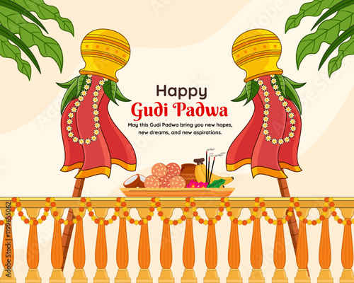 decorative gudi padwa puja with puja thali lunar new year celebration in Maharashtra social media post design
