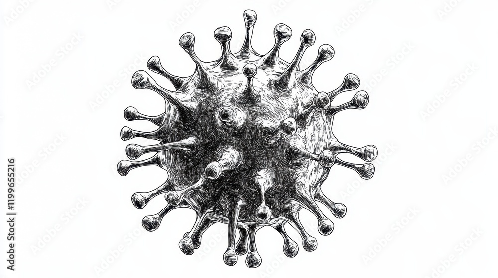Fototapeta premium A hand-drawn virus illustration, clean line art, black and white with subtle shading, isolated on white background 