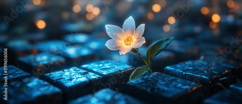 Digital garden with a luminous flower blooming from blue cubes, vibrant light, futuristic atmosphere, and organictech harmony in digital art photo