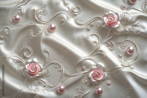 3D wallpaper with silver swirls and pink pearls