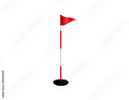 A standing red flag on a pole marking the position of a hole on a golf course.