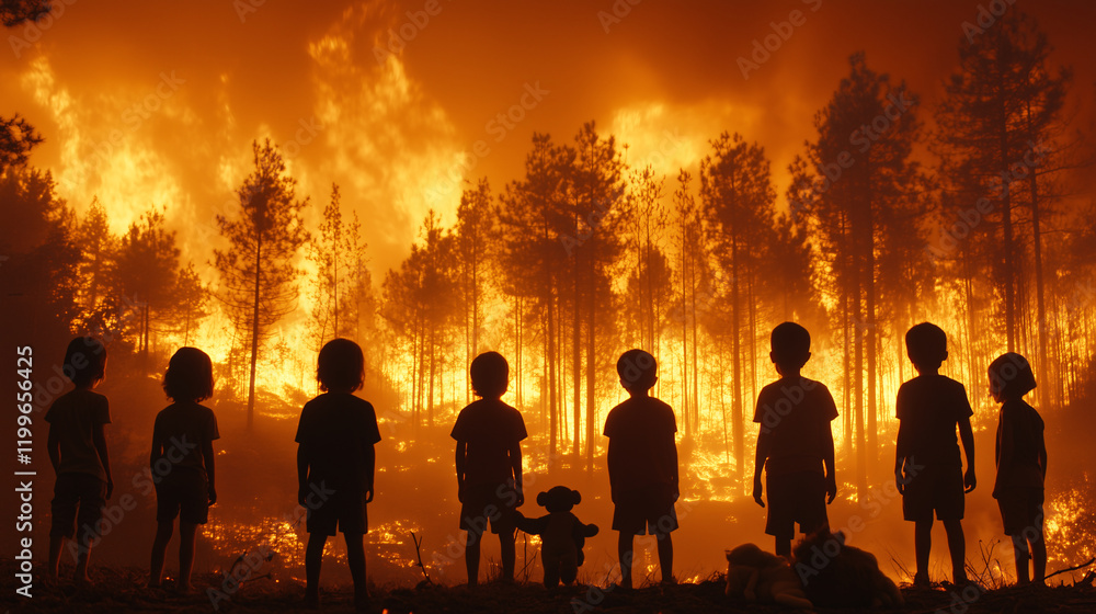 Fototapeta premium Silhouetted group of children stands in front of a blazing forest fire, highlighting danger, fear, and environmental destruction.