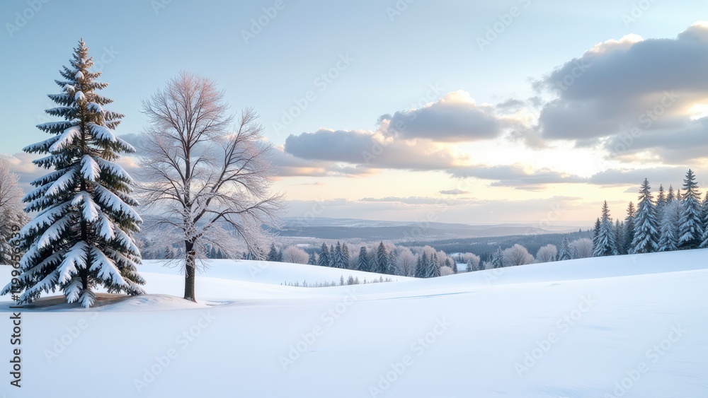 A serene snowy scene featuring a pristine, snow-dusted pine tree anchoring the left, while a bare, leafless companion stands on the hill's right. A gentle light blue sky envelops this tranquil landsca A serene snowy scene featuring a pristine, snow-dusted pine tree anchoring the left, while a bare, leafless companion stands on the hill's right. A gentle light blue sky envelops this tranquil landsca
