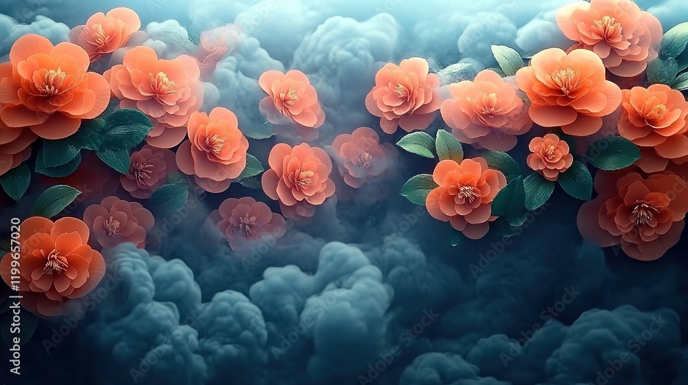 3D rendering, smoke background, orange and pink flowers on the cloud, many small camellias blooming in an empty space, with a dark blue gradient as a backdrop. 3D rendering, smoke background, orange and pink flowers on the cloud, many small camellias blooming in an empty space, with a dark blue gradient as a backdrop.