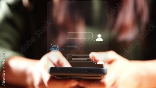AI Chatbot, Artificial Intelligence. Women using mobile smartphone chatting with AI chatbot, conversation assistant, customer support. Concept of technology, digital communication, online information