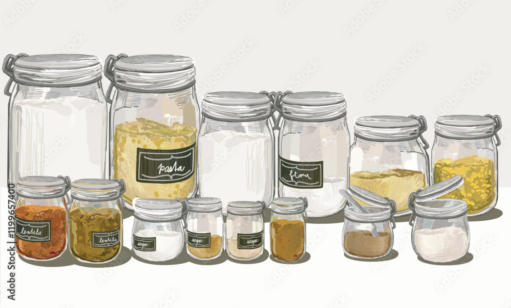 set of big and small glass container for flour, sugar, pasta dry food spices free waste eco for storing bulk products at home. illustration isolated on white background set of big and small glass container for flour, sugar, pasta dry food spices free waste eco for storing bulk products at home. illustration isolated on white background