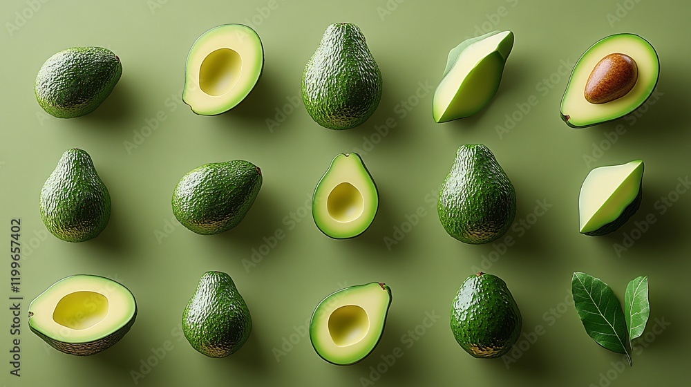 12 realistic avocado illustrations in different poses: whole, halved, sliced, and with leaves, capturing the rich, creamy texture and natural beauty of avocados. 12 realistic avocado illustrations in different poses: whole, halved, sliced, and with leaves, capturing the rich, creamy texture and natural beauty of avocados.